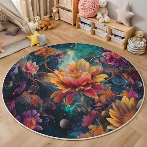 ALTCIRNMD 3D Rund Farbe Leuchtende Blumen 180Cm Kinder Jugendliche Jungen Teppich Schlafzimmer Stuhl Matte Kinderzimmer Wohnzimmer Fantasiepflanzen Weichem Balkon Korridor Kinderteppiche von ALTCIRNMD