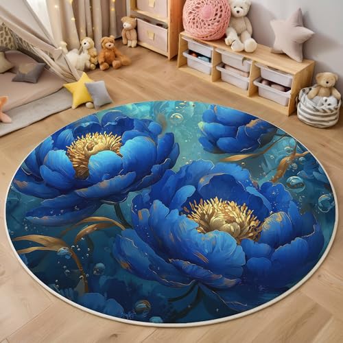 ALTCIRNMD 3D Rund Gelb Blau Pfingstrosenblüten 100Cm Kinder Jugendliche Jungen Teppich Schlafzimmer Stuhl Matte Kinderzimmer Wohnzimmer Modepflanzen Weichem Balkon Korridor Kinderteppiche von ALTCIRNMD