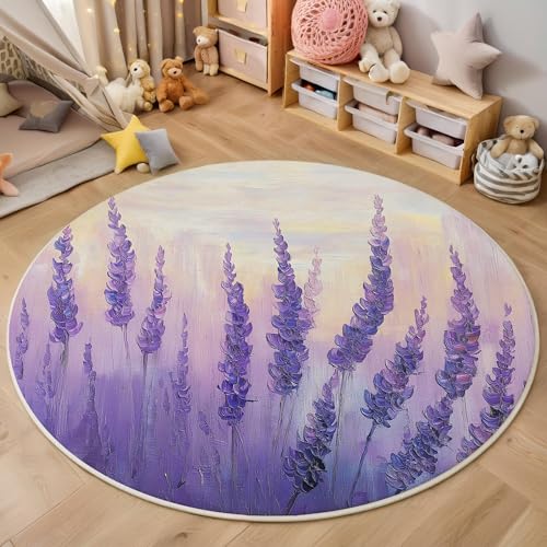 ALTCIRNMD 3D Rund Lila Lavendelfelder 120Cm Kinder Jugendliche Jungen Teppich Schlafzimmer Stuhl Matte Kinderzimmer Wohnzimmer Ölgemäldepflanzen Weichem Balkon Korridor Kinderteppiche von ALTCIRNMD