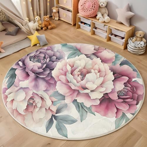 ALTCIRNMD 3D Rund Lila Pfingstrosenblüten 180Cm Kinder Jugendliche Jungen Teppich Schlafzimmer Stuhl Matte Kinderzimmer Wohnzimmer Aquarellpflanzen Weichem Balkon Korridor Kinderteppiche von ALTCIRNMD