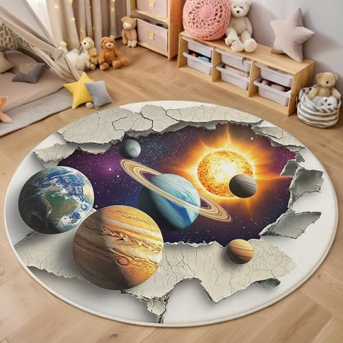 ALTCIRNMD 3D Rund Lila Solarplaneten 180Cm Kinder Jugendliche Jungen Teppich Schlafzimmer Stuhl Matte Kinderzimmer Wohnzimmer Fantasy-Kunst Weichem Balkon Korridor Kinderteppiche von ALTCIRNMD