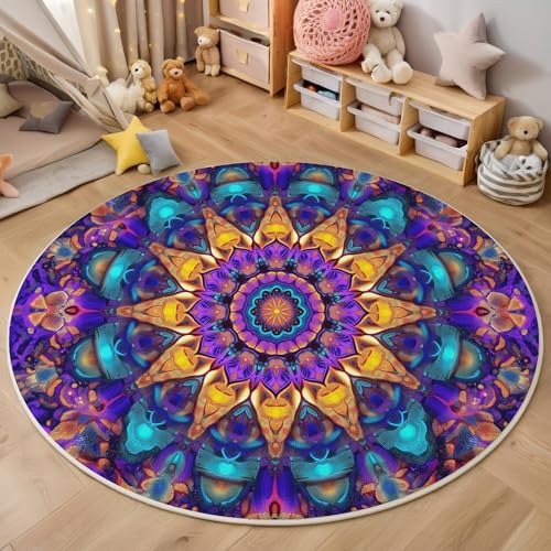 ALTCIRNMD 3D Rund Lila Symmetrisches Mandala 180Cm Kinder Jugendliche Jungen Teppich Schlafzimmer Stuhl Matte Kinderzimmer Wohnzimmer Psychedelische Kunst Weichem Balkon Korridor Kinderteppiche von ALTCIRNMD