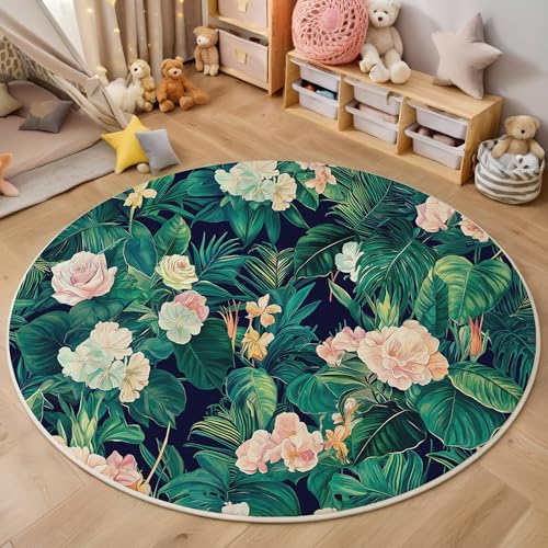 ALTCIRNMD 3D Rund Rosa Grün Blumen Und Grüne Blätter 140Cm Kinder Jugendliche Jungen Teppich Schlafzimmer Stuhl Matte Kinderzimmer Wohnzimmer Tropische Pflanzen Weichem Balkon Korridor Kinderteppiche von ALTCIRNMD