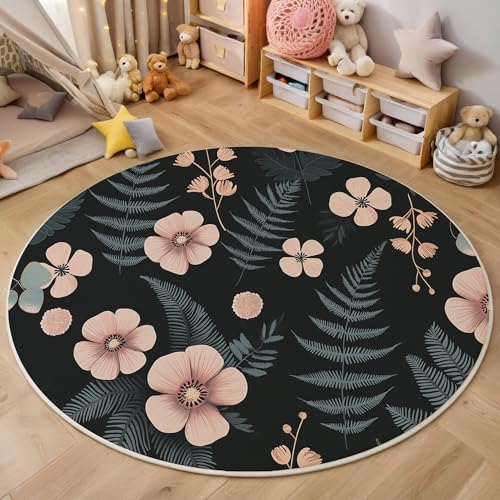 ALTCIRNMD 3D Rund Rosa Grün Farnblüten 160Cm Kinder Jugendliche Jungen Teppich Schlafzimmer Stuhl Matte Kinderzimmer Wohnzimmer Illustration Pflanzen Weichem Balkon Korridor Kinderteppiche von ALTCIRNMD