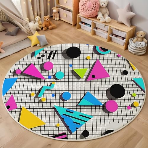 ALTCIRNMD 3D Rund Schwarz Weiß Netztriangulation 100Cm Kinder Jugendliche Jungen Teppich Schlafzimmer Stuhl Matte Kinderzimmer Wohnzimmer Abstrakte Geometrie Weichem Balkon Korridor Kinderteppiche von ALTCIRNMD