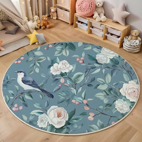 ALTCIRNMD Area Wohnzimmerteppich Schlafzimmerteppich Blau Weiß Vögel Und Blumen Rosen Teppich 3D-Gedruckter Soft-Touch,Retro-Chinesischer Stil Für Kinderzimmer Schlafzimmer Dekoration 100Cm von ALTCIRNMD