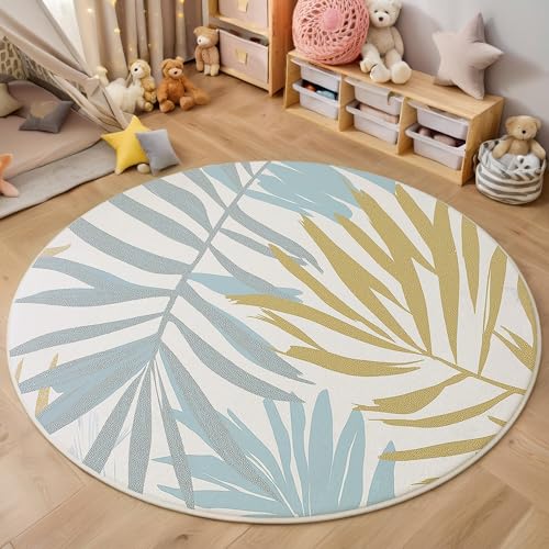 ALTCIRNMD Area Wohnzimmerteppich Schlafzimmerteppich Blaugrau Mode Palmblätter Teppich 3D-Gedruckter Soft-Touch,Elegante Pflanzen Für Kinderzimmer Schlafzimmer Dekoration 120Cm von ALTCIRNMD
