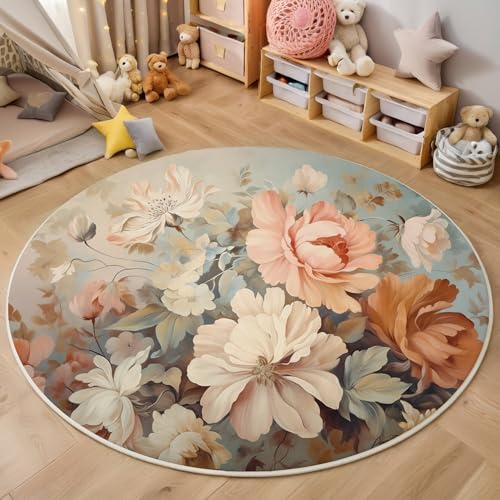 ALTCIRNMD Area Wohnzimmerteppich Schlafzimmerteppich Creme Pfingstrosenblüten Teppich 3D-Gedruckter Soft-Touch,Retro-Pflanzen Für Kinderzimmer Schlafzimmer Dekoration 100Cm von ALTCIRNMD