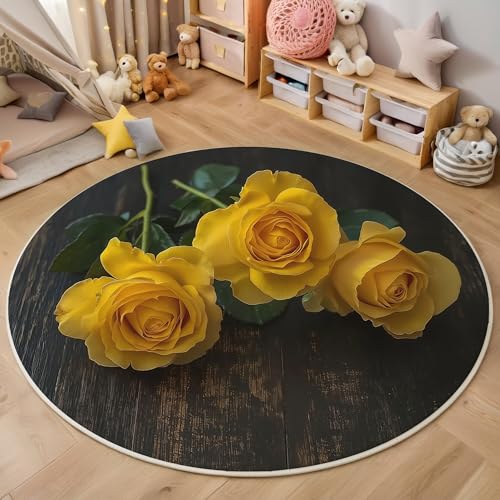 ALTCIRNMD Area Wohnzimmerteppich Schlafzimmerteppich Gelb Tischrosen Aus Holz Teppich 3D-Gedruckter Soft-Touch,Retro-Pflanzen Für Kinderzimmer Schlafzimmer Dekoration 140Cm von ALTCIRNMD
