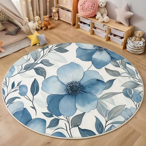 ALTCIRNMD Area Wohnzimmerteppich Schlafzimmerteppich Graublau Elegante Blumen Teppich 3D-Gedruckter Soft-Touch,Modepflanzen Für Kinderzimmer Schlafzimmer Dekoration 120Cm von ALTCIRNMD