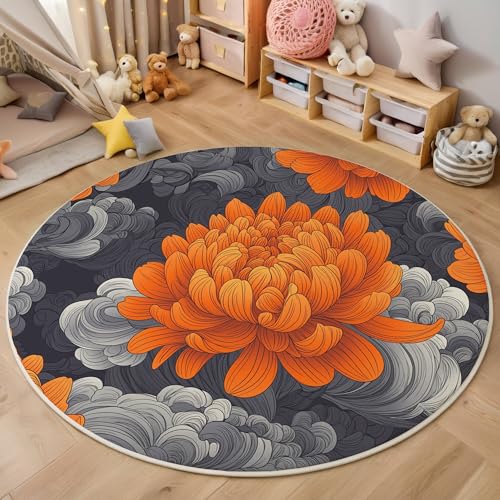 ALTCIRNMD Area Wohnzimmerteppich Schlafzimmerteppich Orange Farbe Wolkenchrysantheme Teppich 3D-Gedruckter Soft-Touch,Ästhetische Pflanzen Für Kinderzimmer Schlafzimmer Dekoration 100Cm von ALTCIRNMD