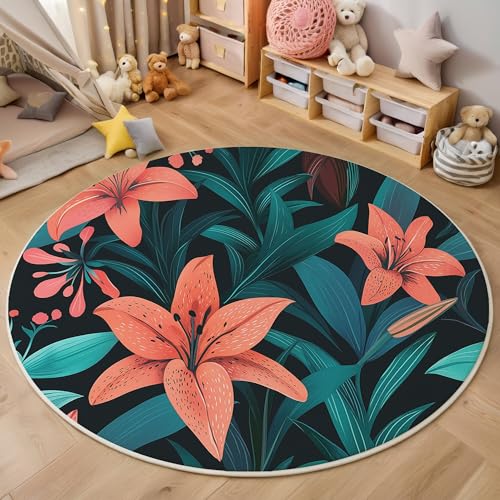 ALTCIRNMD Area Wohnzimmerteppich Schlafzimmerteppich Rosa Grün Lilienblätter Teppich 3D-Gedruckter Soft-Touch,Tropische Pflanzen Für Kinderzimmer Schlafzimmer Dekoration 120Cm von ALTCIRNMD