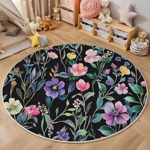 ALTCIRNMD Area Wohnzimmerteppich Schlafzimmerteppich Rosa Grün Wildblumen Und Blätter Teppich 3D-Gedruckter Soft-Touch,Aquarellpflanzen Für Kinderzimmer Schlafzimmer Dekoration 120Cm von ALTCIRNMD