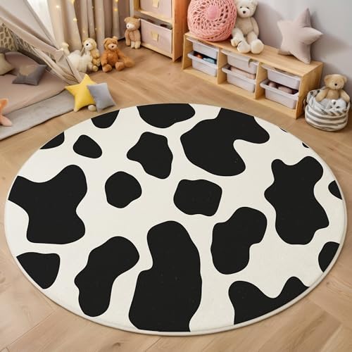 ALTCIRNMD Area Wohnzimmerteppich Schlafzimmerteppich Schwarz Weiß Kuhflecken Teppich 3D-Gedruckter Soft-Touch,Tiertexturen Für Kinderzimmer Schlafzimmer Dekoration 100Cm von ALTCIRNMD