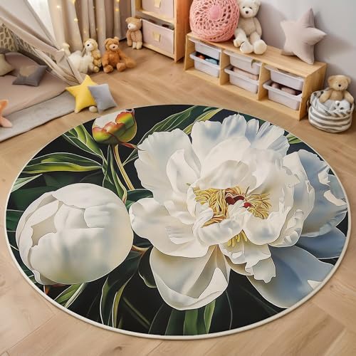 ALTCIRNMD Area Wohnzimmerteppich Schlafzimmerteppich Weiß Blumen Und Grüne Blätter Teppich 3D-Gedruckter Soft-Touch,Aquarellpflanzen Für Kinderzimmer Schlafzimmer Dekoration 200Cm von ALTCIRNMD