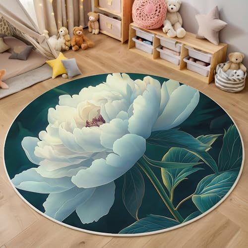 ALTCIRNMD Area Wohnzimmerteppich Schlafzimmerteppich Weiß Grün Grüne Blätter Der Pfingstrose Teppich 3D-Gedruckter Soft-Touch,Ölgemäldepflanzen Für Kinderzimmer Schlafzimmer Dekoration 100Cm von ALTCIRNMD