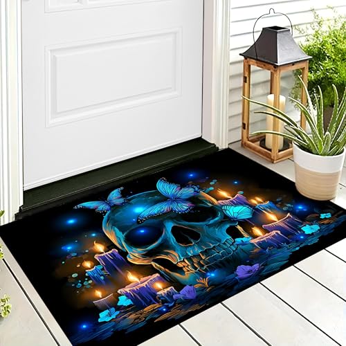ALTCIRNMD Badteppich rutschfeste,3D-Muster Fußmatte Blau Schmetterlingsschädel,Badezimmer Deko,Fantasy-Kunst Badematte Rutschfester Badezimmerteppich Absorbierender Dekorative,40X60Cm von ALTCIRNMD
