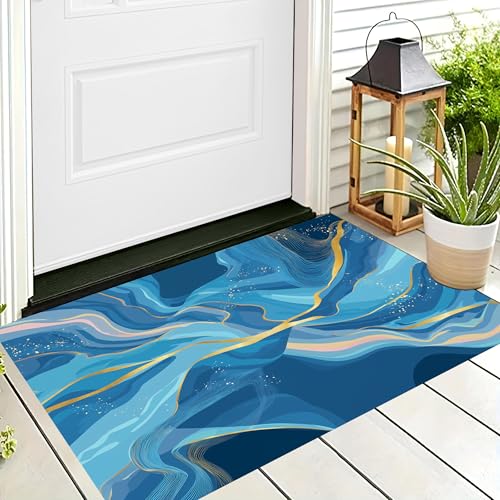 ALTCIRNMD Badteppich rutschfeste,3D-Muster Fußmatte Blaugold Linearer Marmor,Badezimmer Deko,Abstrakte Kunst Badematte Rutschfester Badezimmerteppich Absorbierender Dekorative,90X150Cm von ALTCIRNMD