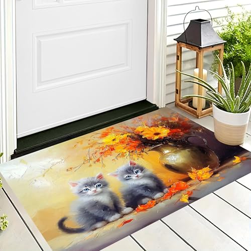 ALTCIRNMD Badteppich rutschfeste,3D-Muster Fußmatte Graugelb Blumenkatze,Badezimmer Deko,Ölgemälde Tiere Badematte Rutschfester Badezimmerteppich Absorbierender Dekorative,40X60Cm von ALTCIRNMD