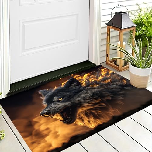 ALTCIRNMD Badteppich rutschfeste,3D-Muster Fußmatte Graugelb Flammenwolf,Badezimmer Deko,Fantasietiere Badematte Rutschfester Badezimmerteppich Absorbierender Dekorative,40X60Cm von ALTCIRNMD