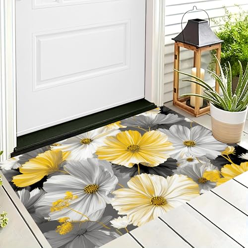 ALTCIRNMD Badteppich rutschfeste,3D-Muster Fußmatte Graugelb Gänseblümchen,Badezimmer Deko,Elegante Pflanzen Badematte Rutschfester Badezimmerteppich Absorbierender Dekorative,90X150Cm von ALTCIRNMD