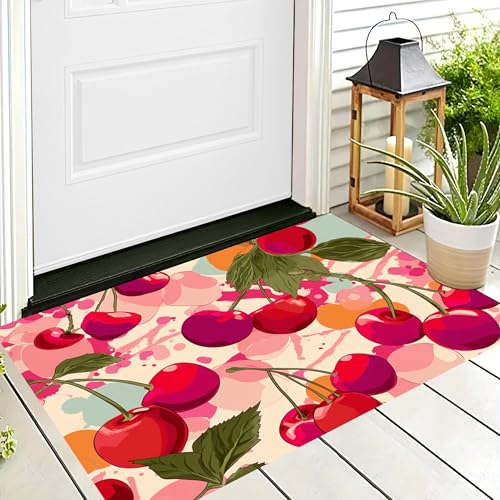 ALTCIRNMD Badteppich rutschfeste,3D-Muster Fußmatte Rosa Kirschgrüne Blätter,Badezimmer Deko,Retro-Frucht Badematte Rutschfester Badezimmerteppich Absorbierender Dekorative,70X100Cm von ALTCIRNMD