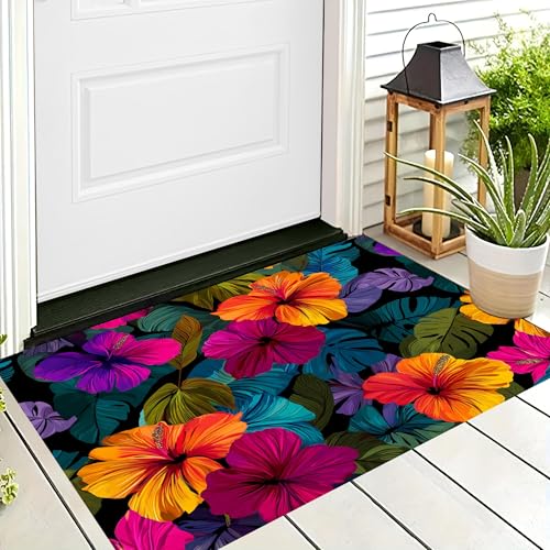 ALTCIRNMD Badteppich rutschfeste,3D-Muster Fußmatte Rot Grün Hibiskusblätter,Badezimmer Deko,Tropische Pflanzen Badematte Rutschfester Badezimmerteppich Absorbierender Dekorative,70X100Cm von ALTCIRNMD