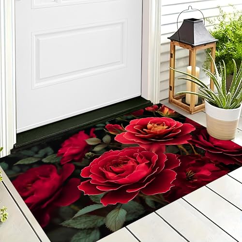 ALTCIRNMD Badteppich rutschfeste,3D-Muster Fußmatte Rot Leuchtend Rote Rosen,Badezimmer Deko,Blütenpflanzen Badematte Rutschfester Badezimmerteppich Absorbierender Dekorative,40X60Cm von ALTCIRNMD