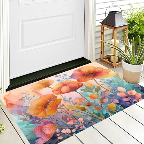 ALTCIRNMD Badteppich rutschfeste,3D-Muster Fußmatte Rot Orange Blätter Und Blüten,Badezimmer Deko,Fantasiepflanzen Badematte Rutschfester Badezimmerteppich Absorbierender Dekorative,90X150Cm von ALTCIRNMD