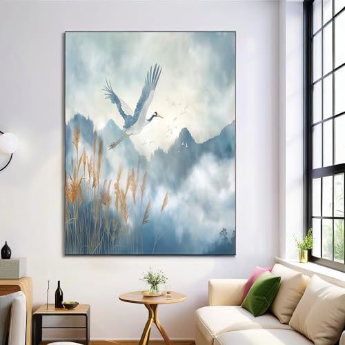 ALTCIRNMD Bilder Deko Wandbildm,Blau Und Weiß Kraniche In Den Wolken Poster Wanddeko Room Decor Wand,Verträumte Landschaft Dekorative Gemälde Leinwand Zimmer Inneneinrichtung Rahmenlos 80X120Cm von ALTCIRNMD