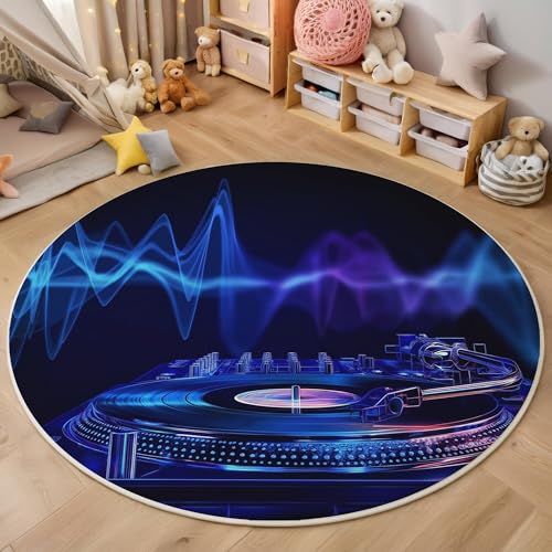 ALTCIRNMD Blau Dj Soundwave 3D Teppich Rundteppich Für Wohnzimmer 100Cm Musikkunst,Schlafzimmer rutschfeste Bodenmatte Krabbelmatte Tischset Flur Badematte Esszimmer Eingangsbereich von ALTCIRNMD