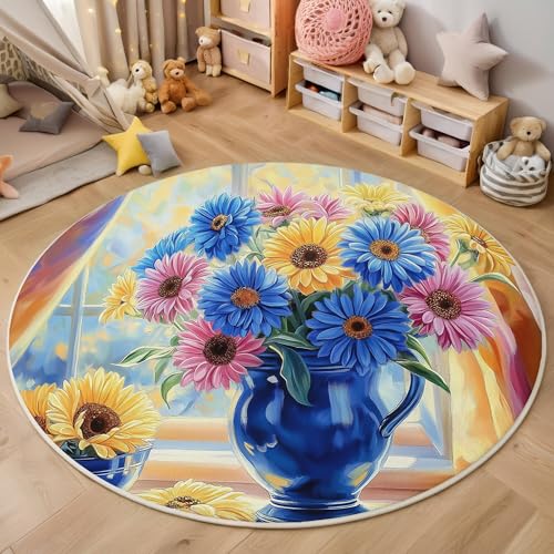 ALTCIRNMD Blau Elegante Blumen Teppich Rund,3D Ölgemäldepflanzen Rutschfester Bodenmatte Wohnzimmer,Schlafzimmer,Area Kinderzimmer Und Spielzimmer Dekorative Korridor Für Räume,200Cm von ALTCIRNMD