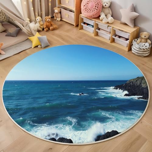 ALTCIRNMD Blau Felsiger Ozean 3D Teppich Rundteppich Für Wohnzimmer 160Cm Natürliche Landschaft,Schlafzimmer rutschfeste Bodenmatte Krabbelmatte Tischset Flur Badematte Esszimmer Eingangsbereich von ALTCIRNMD