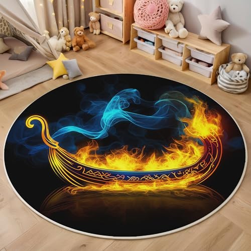 ALTCIRNMD Blau Gelb Flammensegelboot 3D Teppich Rundteppich Für Wohnzimmer 140Cm Fantasy-Kunst,Schlafzimmer rutschfeste Bodenmatte Krabbelmatte Tischset Flur Badematte Esszimmer Eingangsbereich von ALTCIRNMD