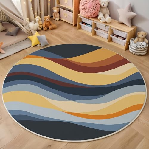 ALTCIRNMD Blau Gelb Wellenlinien 3D Teppich Rundteppich Für Wohnzimmer 120Cm Abstrakte Kunst,Schlafzimmer rutschfeste Bodenmatte Krabbelmatte Tischset Flur Badematte Esszimmer Eingangsbereich von ALTCIRNMD