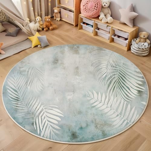 ALTCIRNMD Blau Weiß Blattlinien 3D Teppich Rundteppich Für Wohnzimmer 100Cm Tropische Pflanzen,Schlafzimmer rutschfeste Bodenmatte Krabbelmatte Tischset Flur Badematte Esszimmer Eingangsbereich von ALTCIRNMD