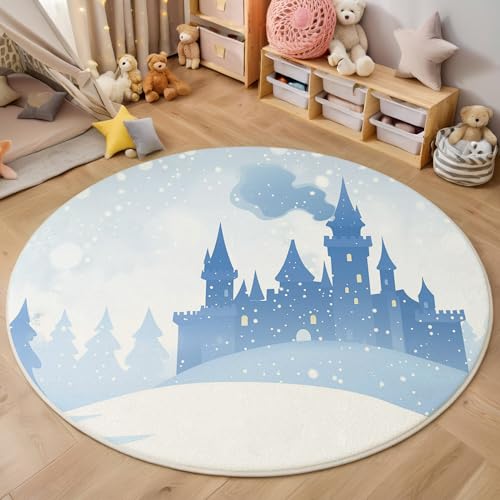 ALTCIRNMD Blau Weiß Eisschloss 3D Teppich Rundteppich Für Wohnzimmer 180Cm Cartoon-Landschaft,Schlafzimmer rutschfeste Bodenmatte Krabbelmatte Tischset Flur Badematte Esszimmer Eingangsbereich von ALTCIRNMD