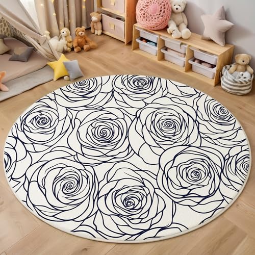 ALTCIRNMD Blau Weiß Linie Rose Teppich Rund,3D Einfache Pflanzen Rutschfester Bodenmatte Wohnzimmer,Schlafzimmer,Area Kinderzimmer Und Spielzimmer Dekorative Korridor Für Räume,200Cm ALTCIRNMD Blau Weiß Linie Rose Teppich Rund,3D Einfache Pflanzen Rutschfester Bodenmatte Wohnzimmer,Schlafzimmer,Area Kinderzimmer Und Spielzimmer Dekorative Korridor Für Räume,200Cm von ALTCIRNMD