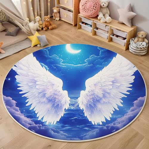 ALTCIRNMD Blau Weiß Mondflügel 3D Teppich Rundteppich Für Wohnzimmer 160Cm Fantasy-Kunst,Schlafzimmer rutschfeste Bodenmatte Krabbelmatte Tischset Flur Badematte Esszimmer Eingangsbereich ALTCIRNMD Blau Weiß Mondflügel 3D Teppich Rundteppich Für Wohnzimmer 160Cm Fantasy-Kunst,Schlafzimmer rutschfeste Bodenmatte Krabbelmatte Tischset Flur Badematte Esszimmer Eingangsbereich von ALTCIRNMD