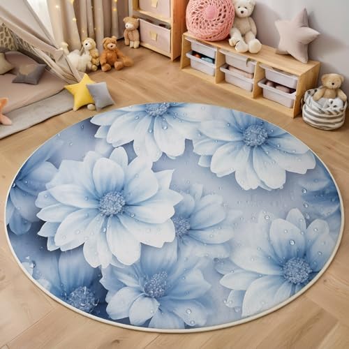 ALTCIRNMD Blau Weiß Wassertropfenblumen Teppich Rund,3D Ästhetische Pflanzen Rutschfester Bodenmatte Wohnzimmer,Schlafzimmer,Area Kinderzimmer Und Spielzimmer Dekorative Korridor Für Räume,180Cm von ALTCIRNMD