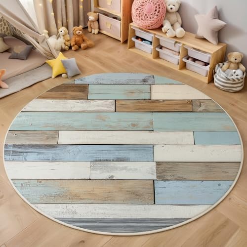 ALTCIRNMD Blaubraun Einfache Holzmaserung 3D Teppich Rundteppich Für Wohnzimmer 100Cm Retro Country,Schlafzimmer rutschfeste Bodenmatte Krabbelmatte Tischset Flur Badematte Esszimmer Eingangsbereich von ALTCIRNMD