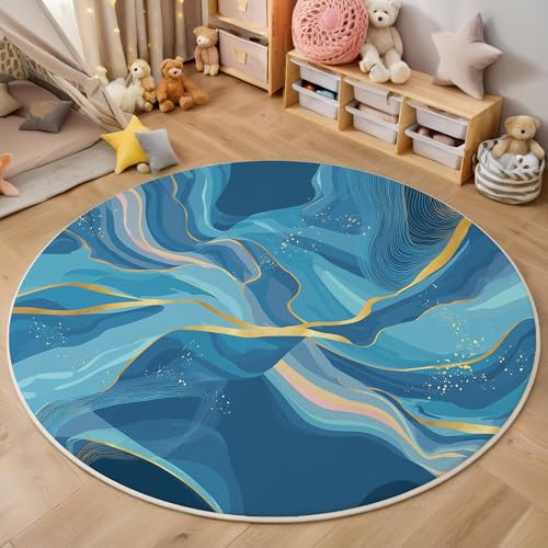 ALTCIRNMD Blaugold Linearer Marmor 3D Teppich Rundteppich Für Wohnzimmer 180Cm Abstrakte Kunst,Schlafzimmer rutschfeste Bodenmatte Krabbelmatte Tischset Flur Badematte Esszimmer Eingangsbereich von ALTCIRNMD