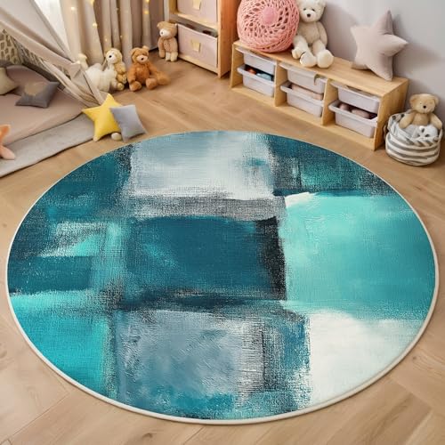 ALTCIRNMD Blaugrau Blocktexturen Teppich Rund,3D Abstrakte Geometrie Rutschfester Bodenmatte Wohnzimmer,Schlafzimmer,Area Kinderzimmer Und Spielzimmer Dekorative Korridor Für Räume,140Cm von ALTCIRNMD