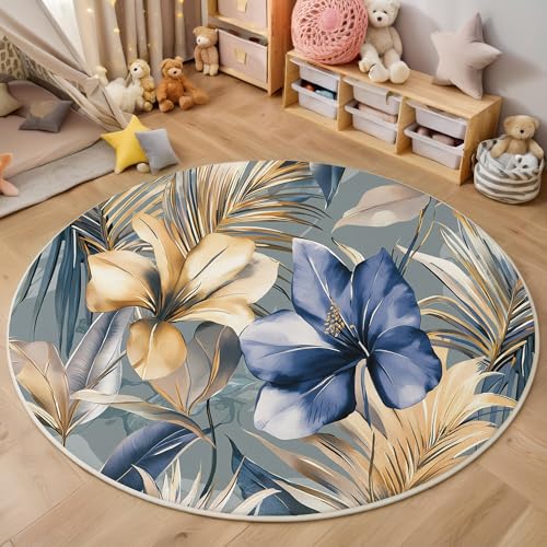 ALTCIRNMD Blaugrau Palmblattblüten Teppich Rund,3D Retro-Pflanzen Rutschfester Bodenmatte Wohnzimmer,Schlafzimmer,Area Kinderzimmer Und Spielzimmer Dekorative Korridor Für Räume,180Cm von ALTCIRNMD
