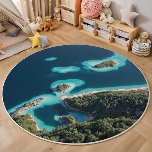 ALTCIRNMD Blaugrün Ozeaninseln 3D Teppich Rundteppich Für Wohnzimmer 120Cm Natürliche Landschaft,Schlafzimmer rutschfeste Bodenmatte Krabbelmatte Tischset Flur Badematte Esszimmer Eingangsbereich von ALTCIRNMD