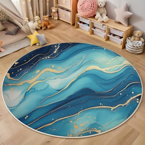 ALTCIRNMD Blaugrün Wirbelmarmor 3D Teppich Rundteppich Für Wohnzimmer 120Cm Abstraktes Aquarell,Schlafzimmer rutschfeste Bodenmatte Krabbelmatte Tischset Flur Badematte Esszimmer Eingangsbereich von ALTCIRNMD