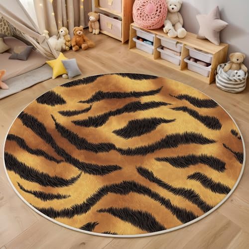 ALTCIRNMD Bräunlich Gelb Tigerstreifen 3D Teppich Rundteppich Für Wohnzimmer 200Cm Tiertexturen,Schlafzimmer rutschfeste Bodenmatte Krabbelmatte Tischset Flur Badematte Esszimmer Eingangsbereich von ALTCIRNMD
