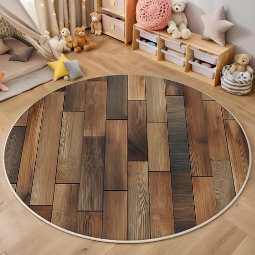 ALTCIRNMD Braun Holzbrettstruktur 3D Teppich Rundteppich Für Wohnzimmer 120Cm Natürliche Textur,Schlafzimmer rutschfeste Bodenmatte Krabbelmatte Tischset Flur Badematte Esszimmer Eingangsbereich von ALTCIRNMD