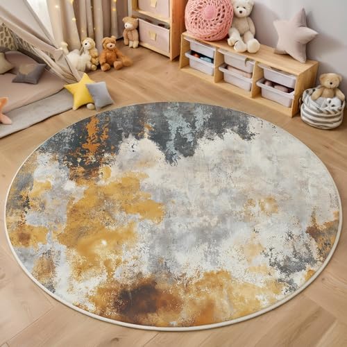 ALTCIRNMD Braungrau Metallstruktur 3D Teppich Rundteppich Für Wohnzimmer 200Cm Abstrakte Kunst,Schlafzimmer rutschfeste Bodenmatte Krabbelmatte Tischset Flur Badematte Esszimmer Eingangsbereich von ALTCIRNMD