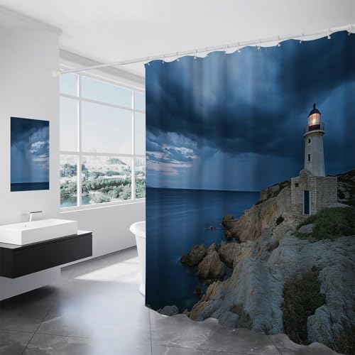 ALTCIRNMD Dunkler Leuchtturm Duschvorhang 240X200Cm Natürliche Wellen Wasserdichter Breit Bad Vorhang Polyester Stoff Waschbar Blickdicht Bad Vorhang Mit Haken Für Badezimmer von ALTCIRNMD